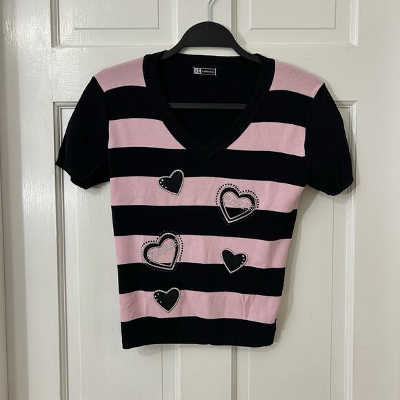 AK Anne‎ Klein Pink Striped Short Sleeve Heart Y2K Top Embellished Bling Sz S? - Picture 1 of 5